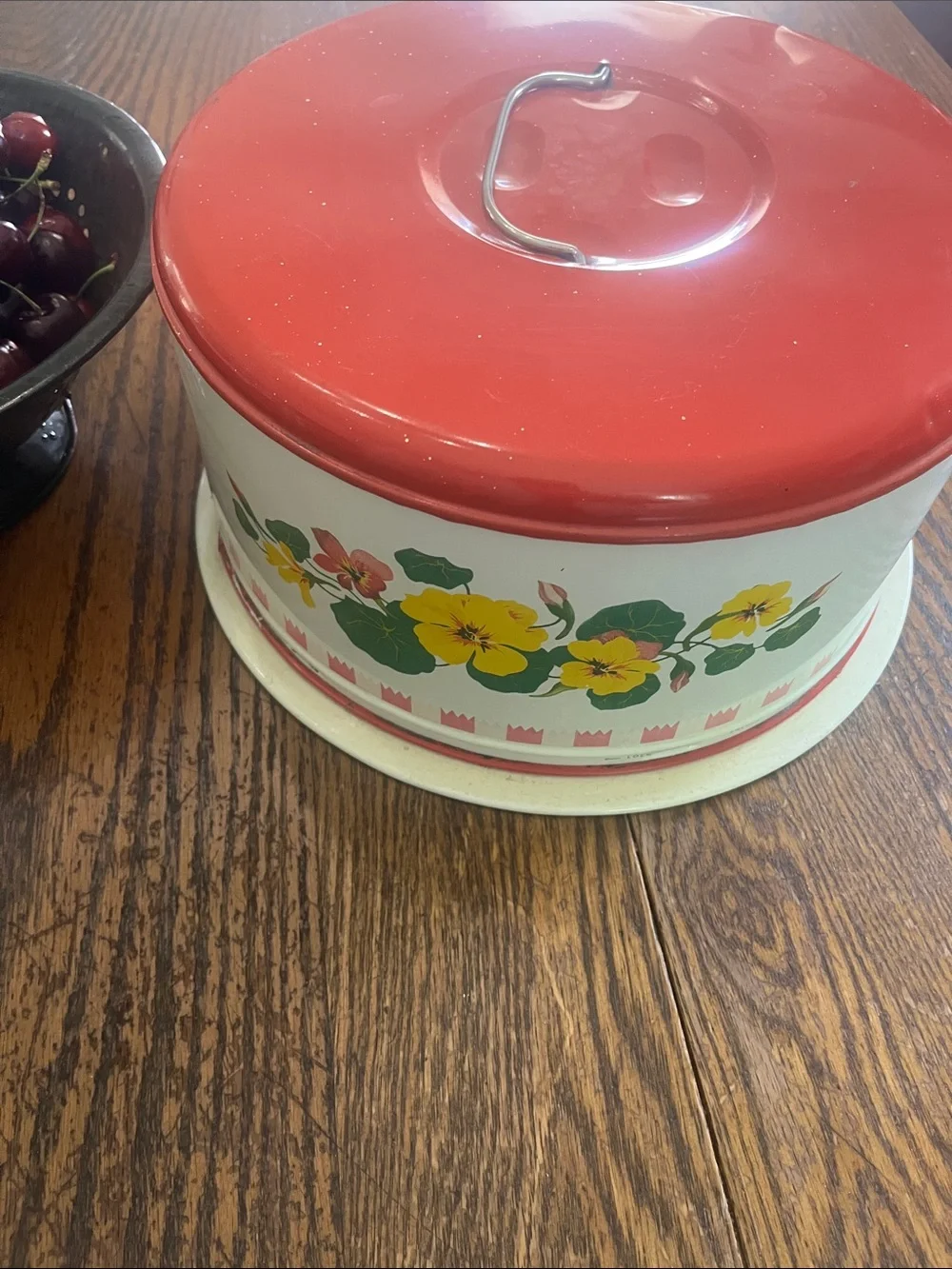 Vintage Red Floral Cake Tin with Yellow Pansy Design